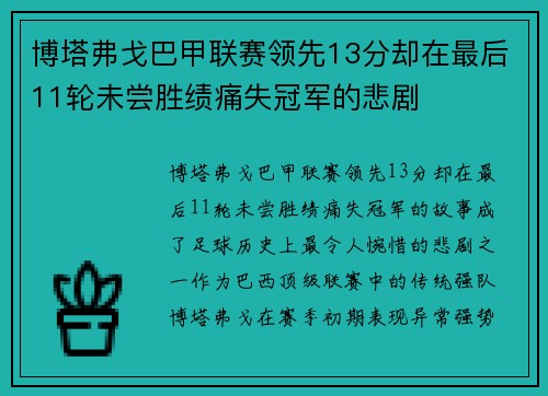 博塔弗戈巴甲联赛领先13分却在最后11轮未尝胜绩痛失冠军的悲剧