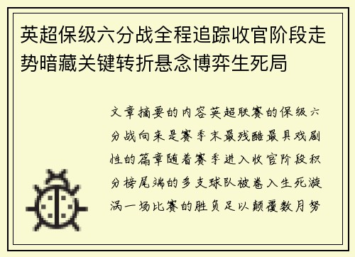 英超保级六分战全程追踪收官阶段走势暗藏关键转折悬念博弈生死局 英超保级六分战全程追踪收官阶段走势暗藏关键转折悬念博弈生死局